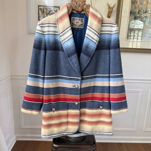Vintage 90s Express Made in Italy Blanket Print Wool Blend Oversized Blazer XS - Picture 1 of 8
